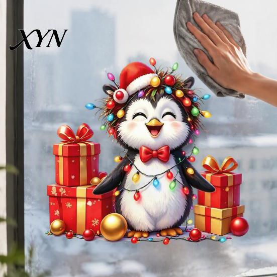 Decorative Glass Film for Doors Christmas Spotted Puppy/Penguin Static Window Sticker, Cute Watercolor Animal Stickers with Colorful Lights