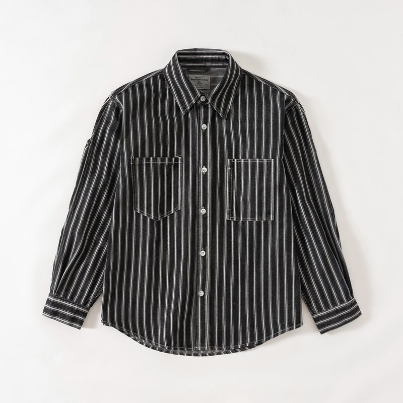 Amejaji Американская Ретро Тяжелая Полосатая Джинсовая Рубашка Мужская Весенне-Осенняя Куртка Мужская Повседневная Рубашка Внешней Торговли Black 2XL