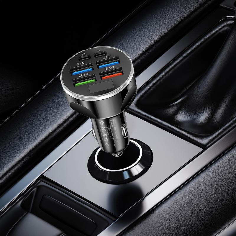 Car Charger Port Digital Display Car Charger with 6 Charging Ports Colorful Lights Charging Supplies Multifunctional Snap Lock