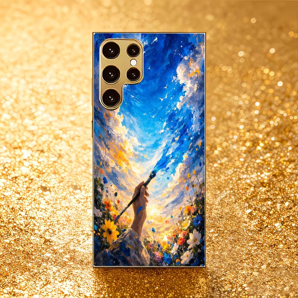 Painting Sky Protective Cover High-end Electroplating Glass PhoneCase for Samsung Galaxy S26 S25 S24 S23 S22 S21 FE,Ultra,Plus
