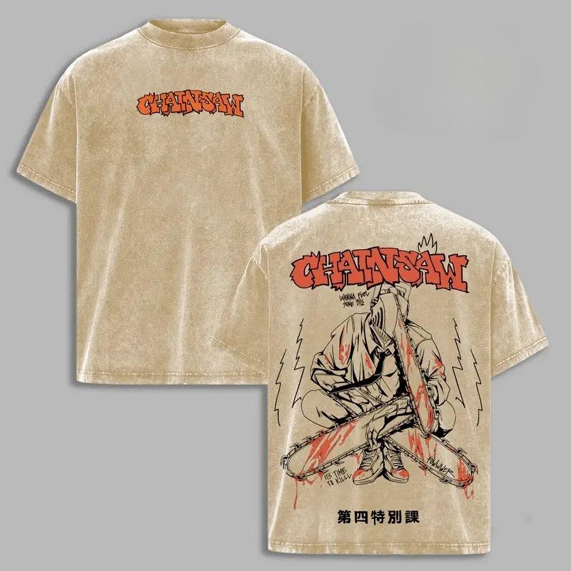 

Denji Pochita Chainsaw Man Anime Clothing Men Women Oversized T-shirts Vintage Washed T Shirt Casual Cotton Tshirt Harajuku Tops XXL коричневий