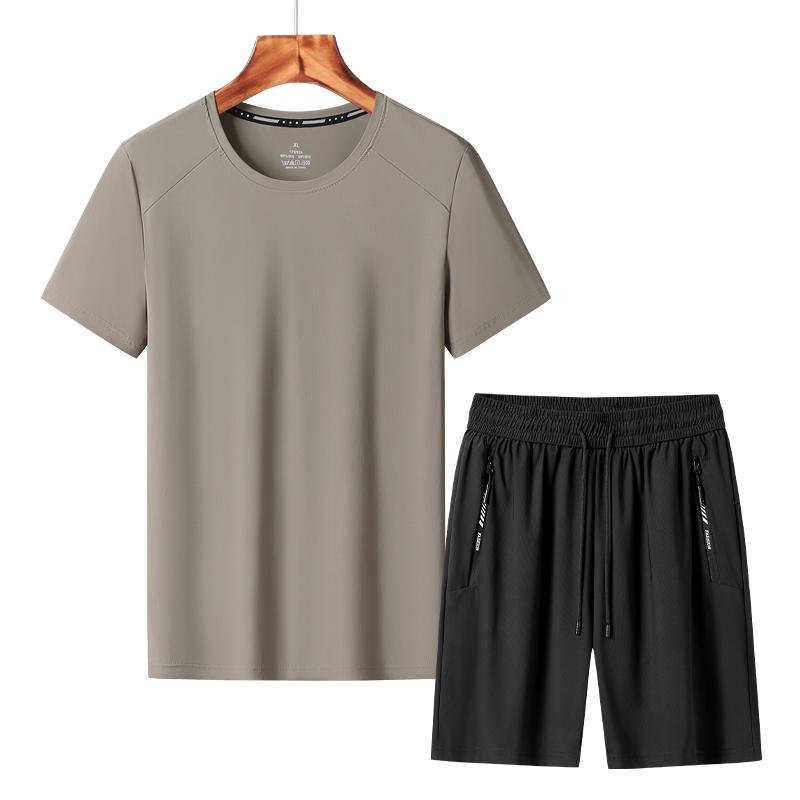 Ice Silk Quick-drying T-shirt Men's Five-piece Pants Two-piece Set Breathable Round Neck Short-sleeved Suit Men's Sports Shorts Suit
