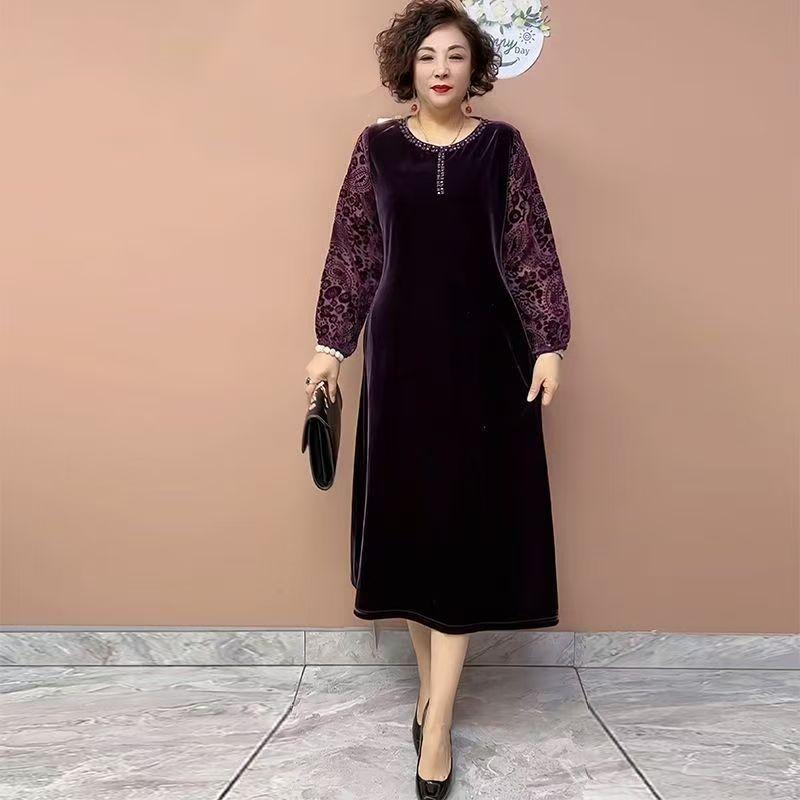 

Весняно-осіннє жіноче оксамитове плаття преміум-класу, вільне плаття великого розміру, з круглим вирізом, довгий оксамит 6XL темно-фіолетовий колір