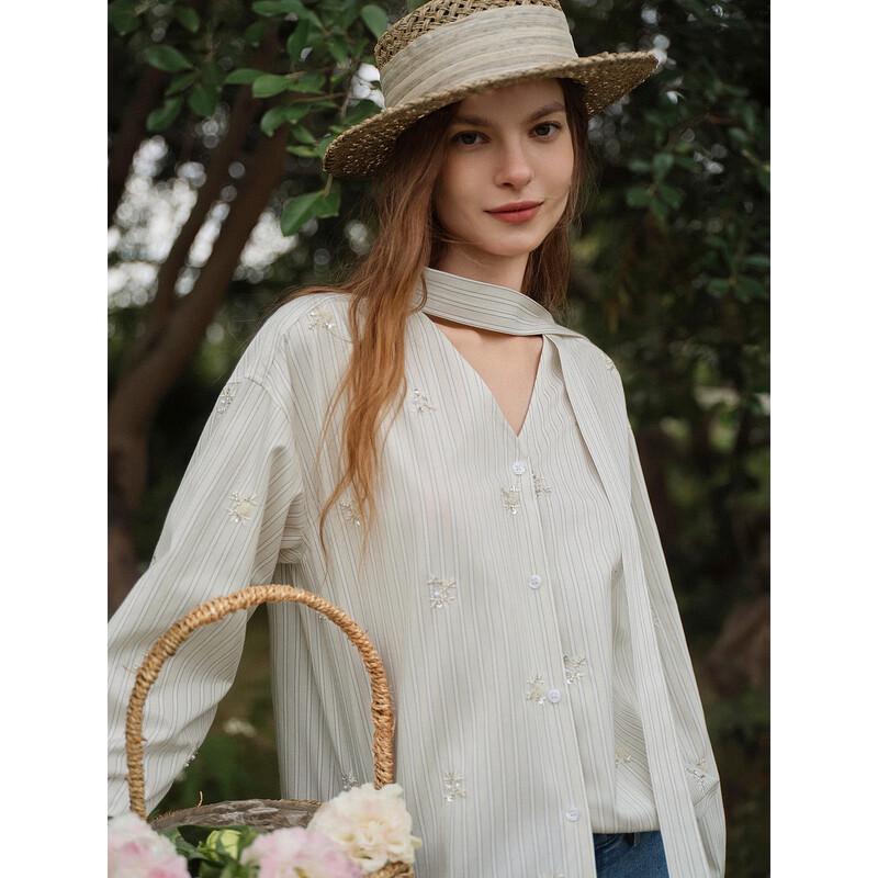 ELLE Women s French Style Striped Ruffled Blouse S