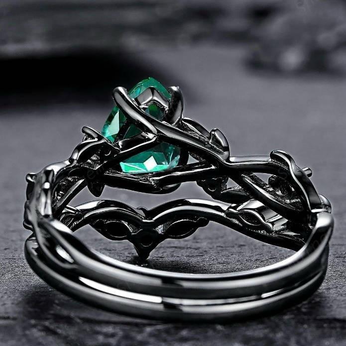 Leaf Vine Women Black 2pcs/set Ring Inlaid Bright Green Pear CZ Elegant Party Wedding Accessories Stylish Lady Jewelry