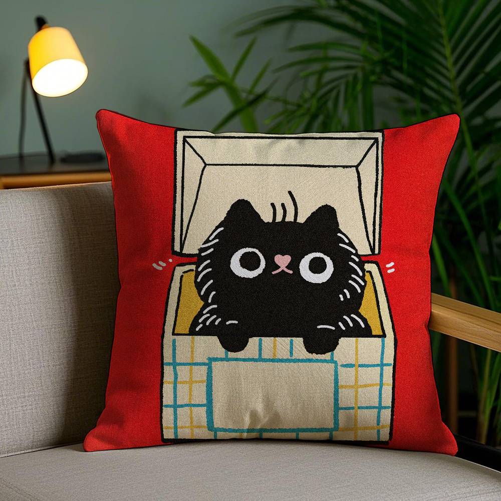 Hand Drawn Cartoon Happy Cat Pillow Case Anti-dustmite Pillowcase Invisible zipper silky short plush Sofa cushion cover