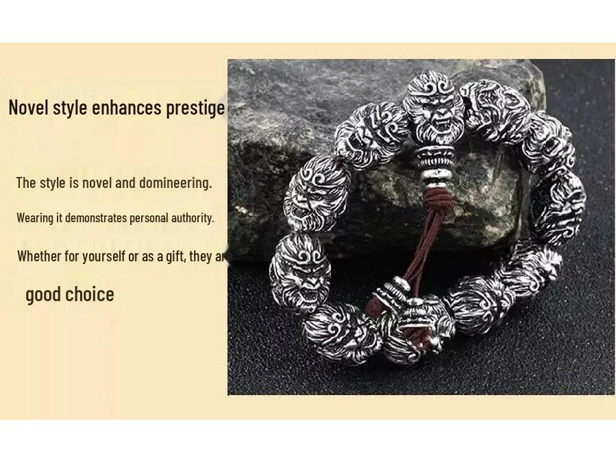 Bransoletka Męska Retro Czarna Legenda Wukonga - Imitacja Tajskiego Srebra Koralikowa Biżuteria