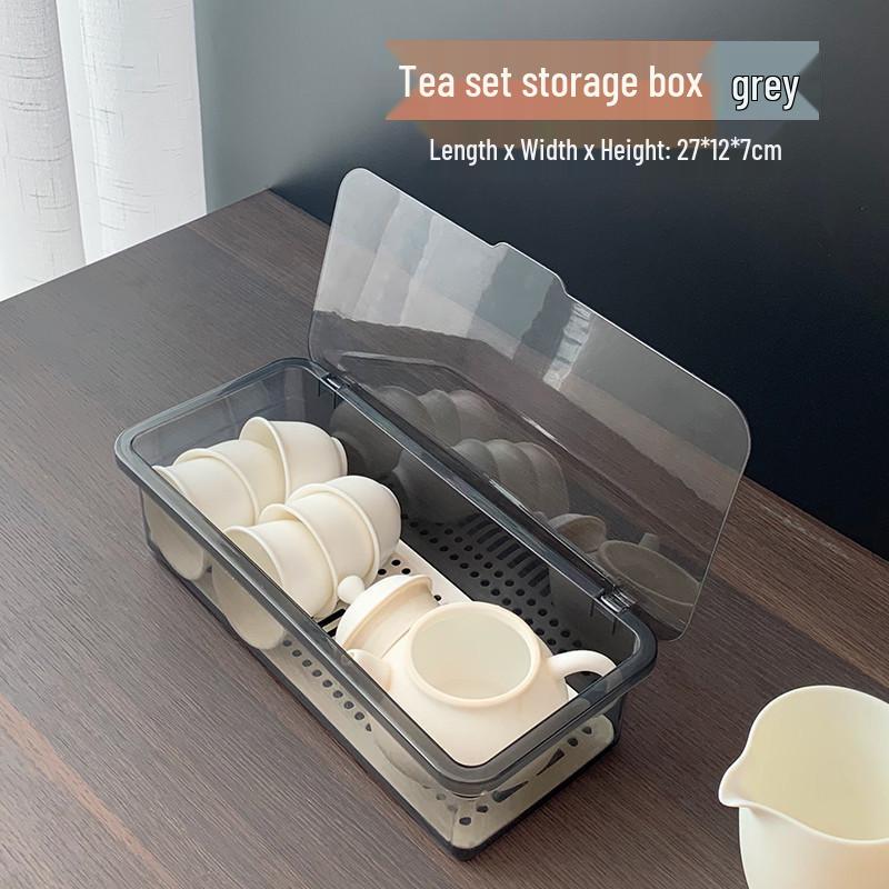 Transparent Dustproof Chopsticks Holder & Tea Set Storage Box with Draining Lid - Home Kitchen Tableware Organizer светло-серый
