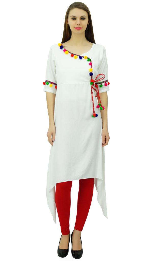 Phagun Angrakha Style Rayon Womens Tunic Kurta Pom-Pom Designer Kurti Top Indian