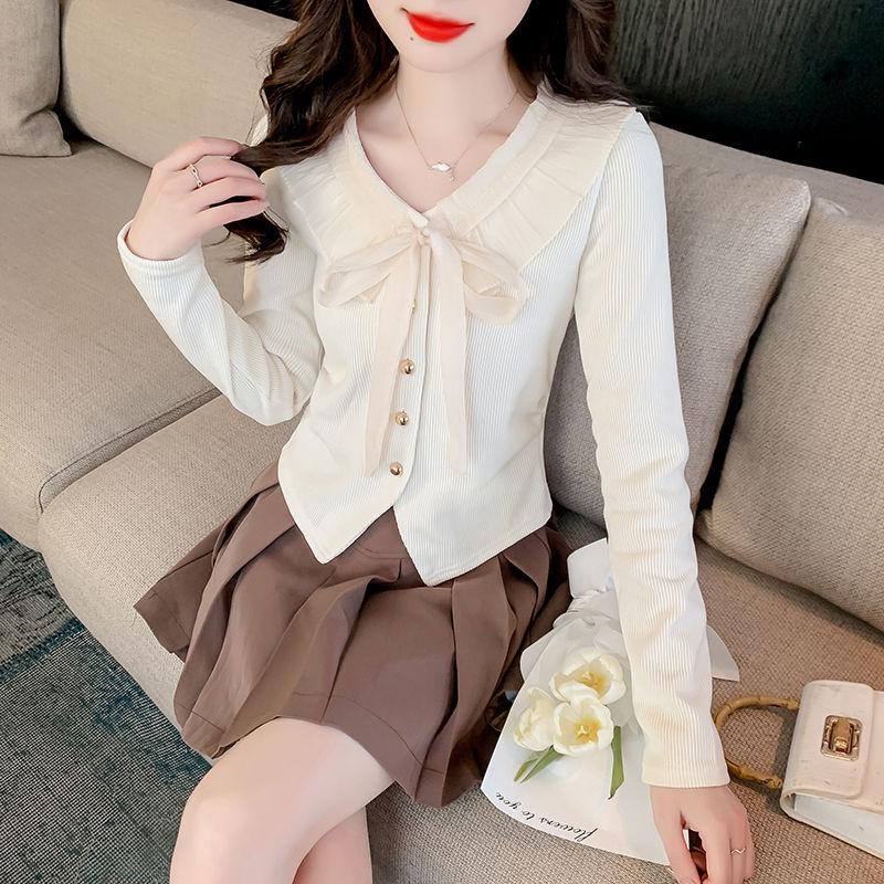 

Весна Новый Стиль Французский Стиль Хепберн Бант Шикарный Кружевной Воротник Милый Стройнящий Модный и Универсальный Топ с Длинным Рукавом для Женщин 3XL бежевый