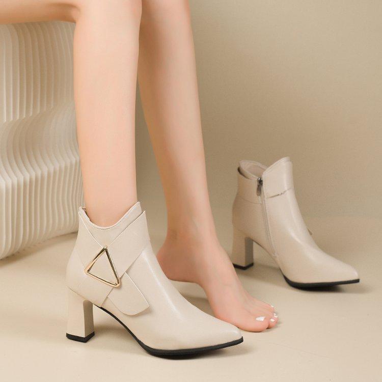 Autumn and winter new high-heeled short boots women's thick heel pointed thin short ankle boots Martin boots PU