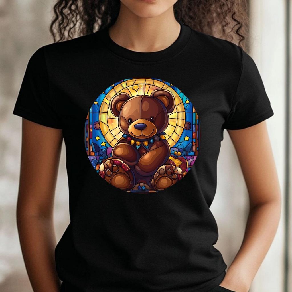 T-Shirt Frauen Teddybär Buntglas Motiv Baumwolle Größe XS bis 3XLWird in neuem Fenster oder Tab geöffnet