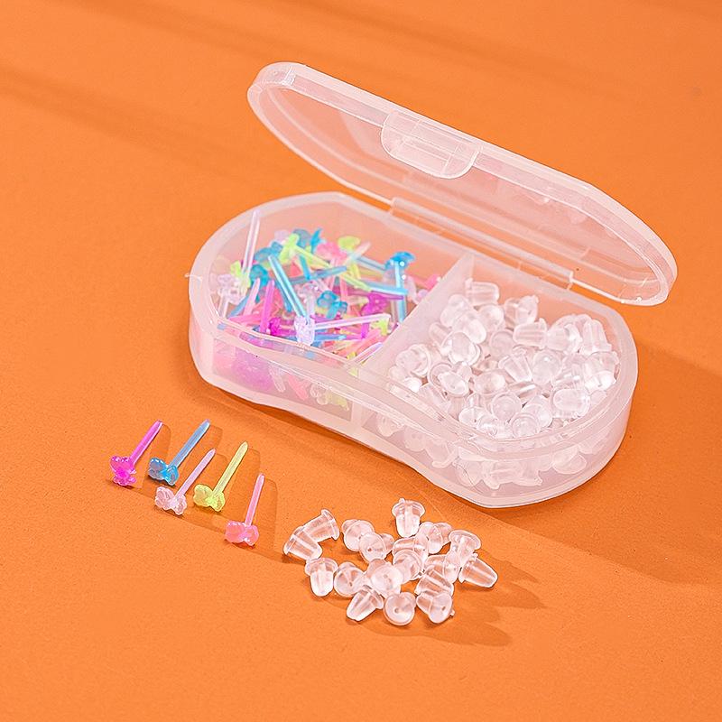Transparent Ear Piercing Studs with Backs, 2-Compartment Box for Healing Women’s Earrings, Plastic Sticks