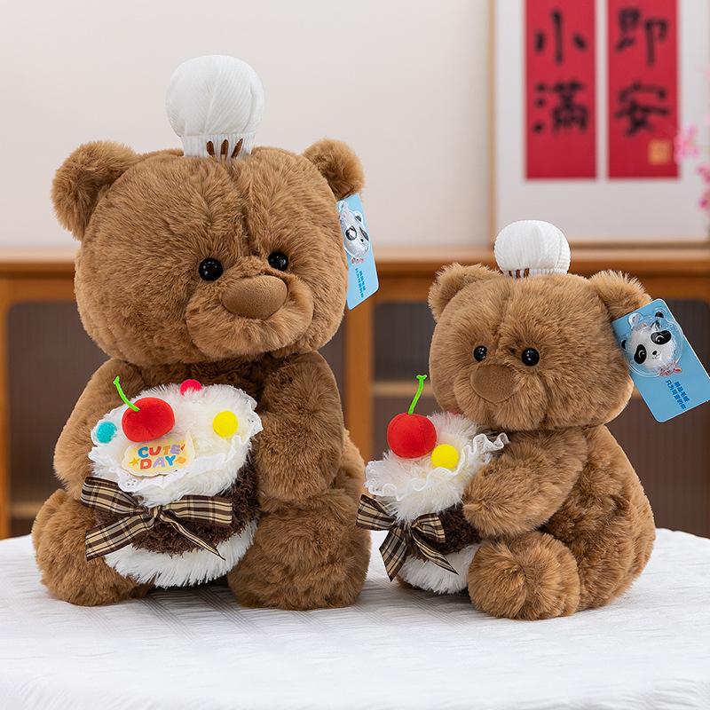 Cake bear plush toy cute chef hat bear doll creative cartoon bedside rag doll home throw pillow