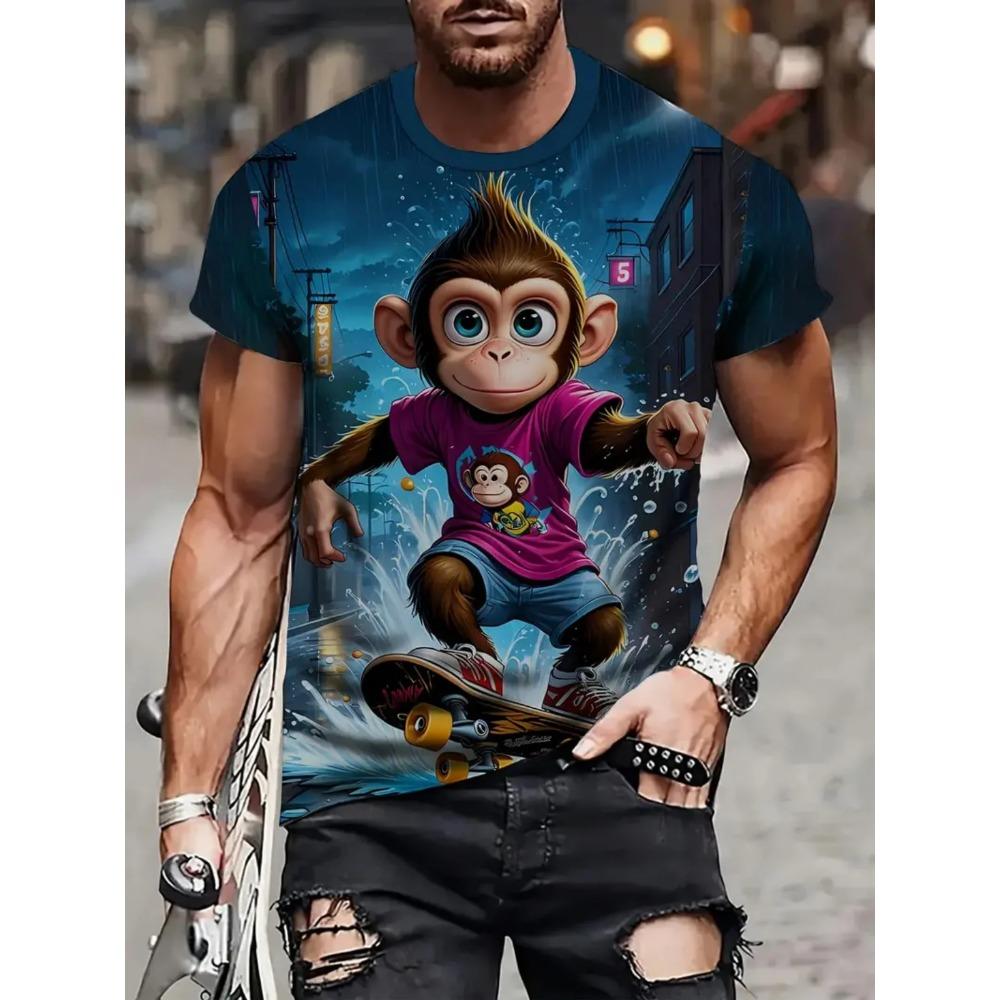 Summer Men Monkey Pattern T-Shirt Hip Pop Short Sleeve Fashion Comfortable Soft Large Size Round Neck T-Shirt