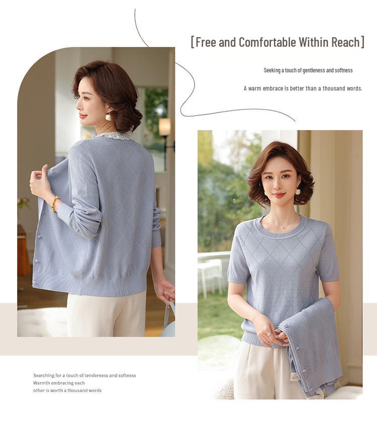 Spring Knit Two-Piece Set: Lightweight Cardigan and Short-Sleeved Top for Middle-Aged and Elderly Women