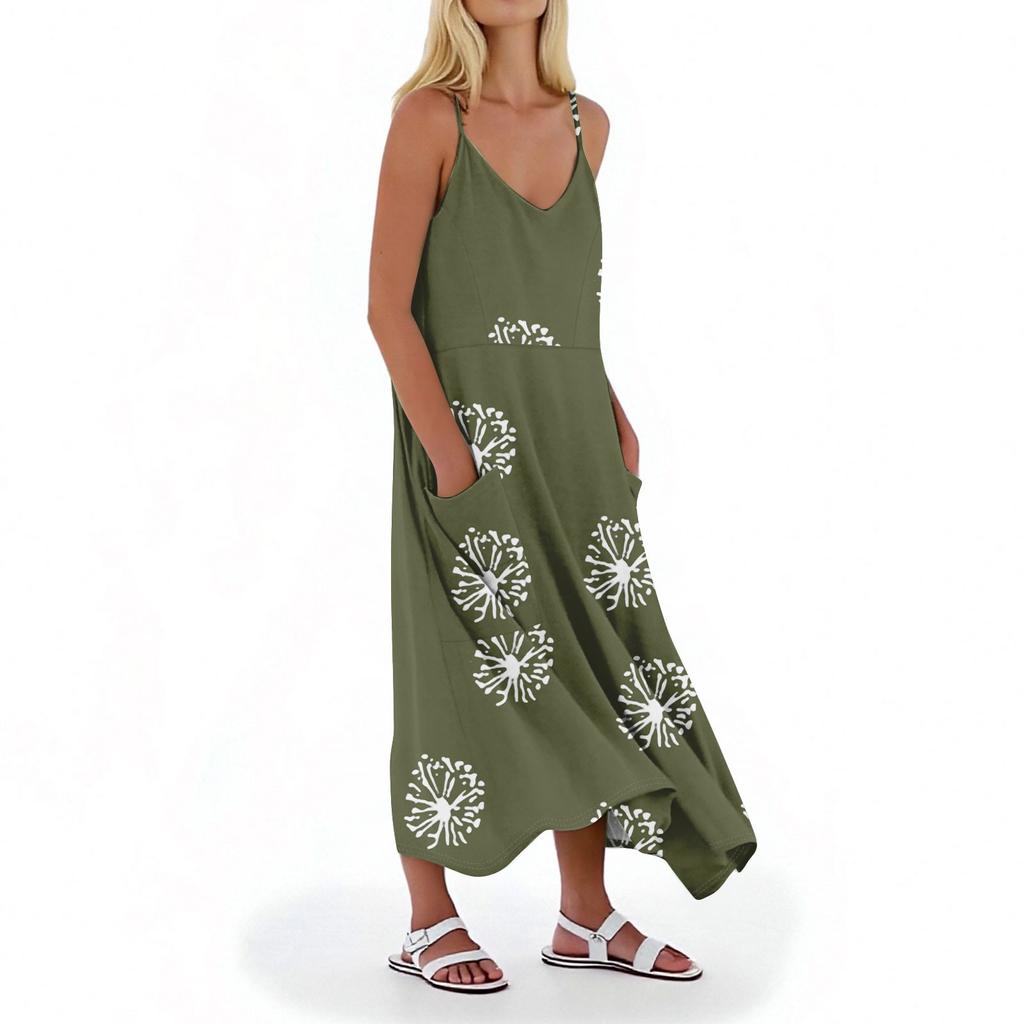 Women's Casual V Neck Dot Print Sleeveless Pocket Suspender Dress