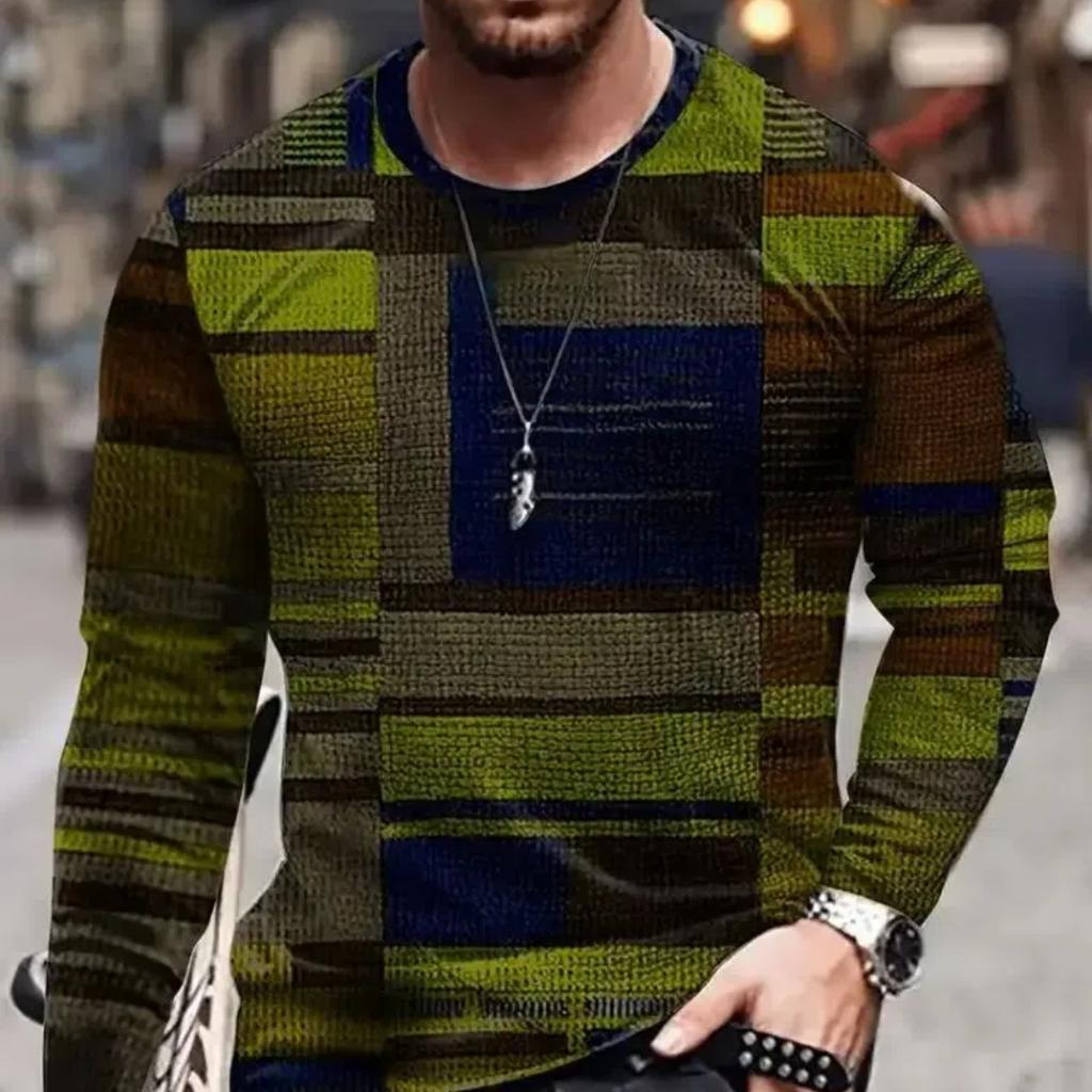 2024 Vintage Men's T-Shirt Color Block Long Sleeve 3D Clothing Print Harajuku Oversized Tops Men's Outdoor Jogging T-Shirt Tops
