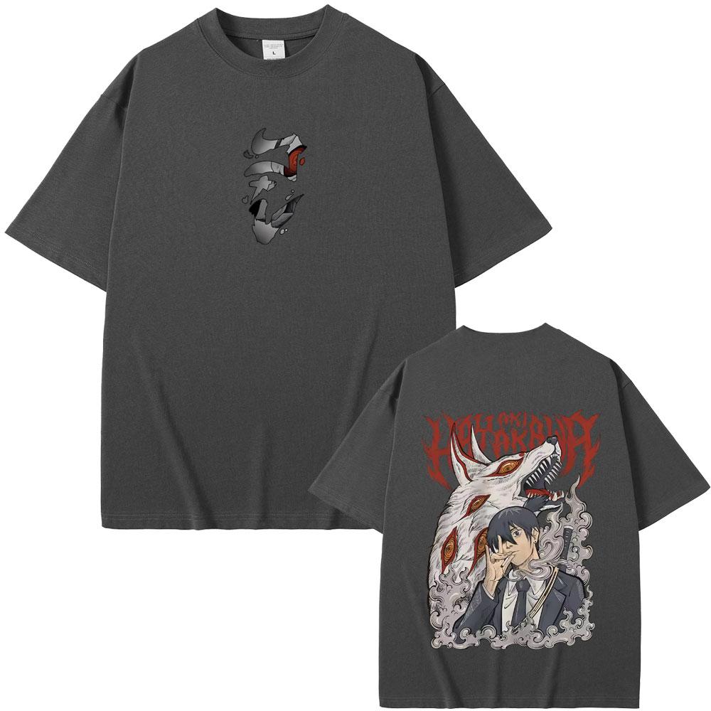 Anime Chainsaw Man Merch T-Shirt Hayakawa Aki Beschwörung Kon Fuchs Teufel Grafik T-Shirts Herren Damen Lässig Vintage Übergroße T-Shirts