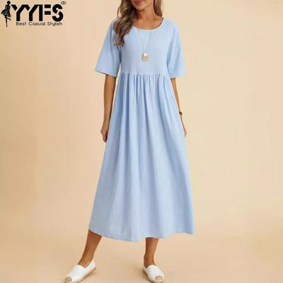 Women's Fashion Summer Spring Solid Color Print 1/2 Sleeves O-Neck High Waist Casual Dresses