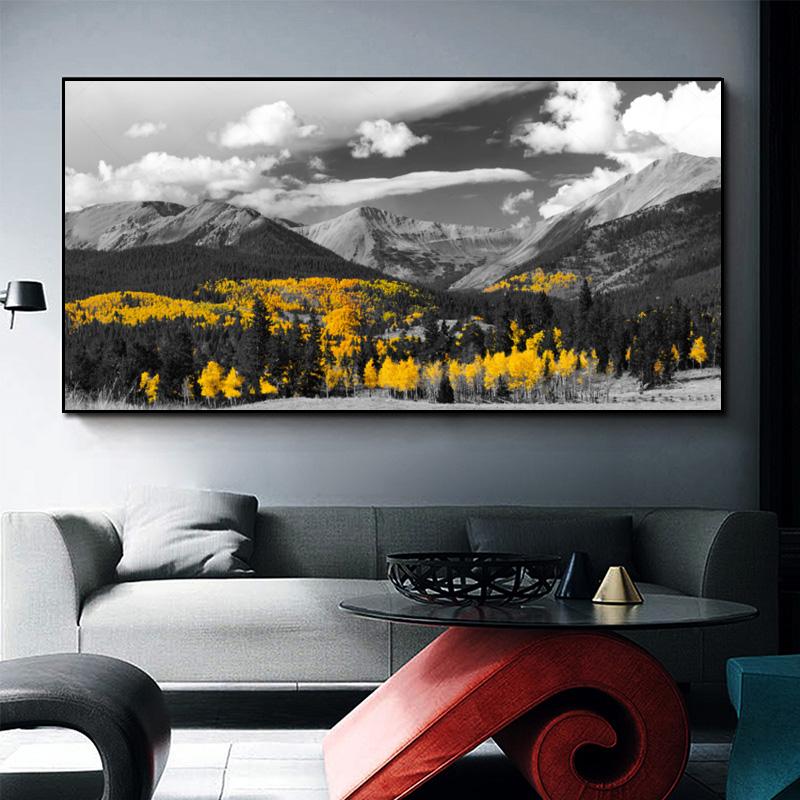 Black and White Landscape Posters and Prints Golden Yellow Trees Color Pop Mountain Canvas Painting Wall Picture for Living Room