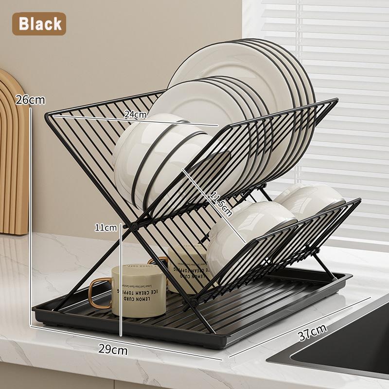 Foldable Dish Drying Rack X-Shape 2 Tier Dish Drainer Countertop Bow Plate Drying Rack Kitchen Tableware Holder Drying Shelf