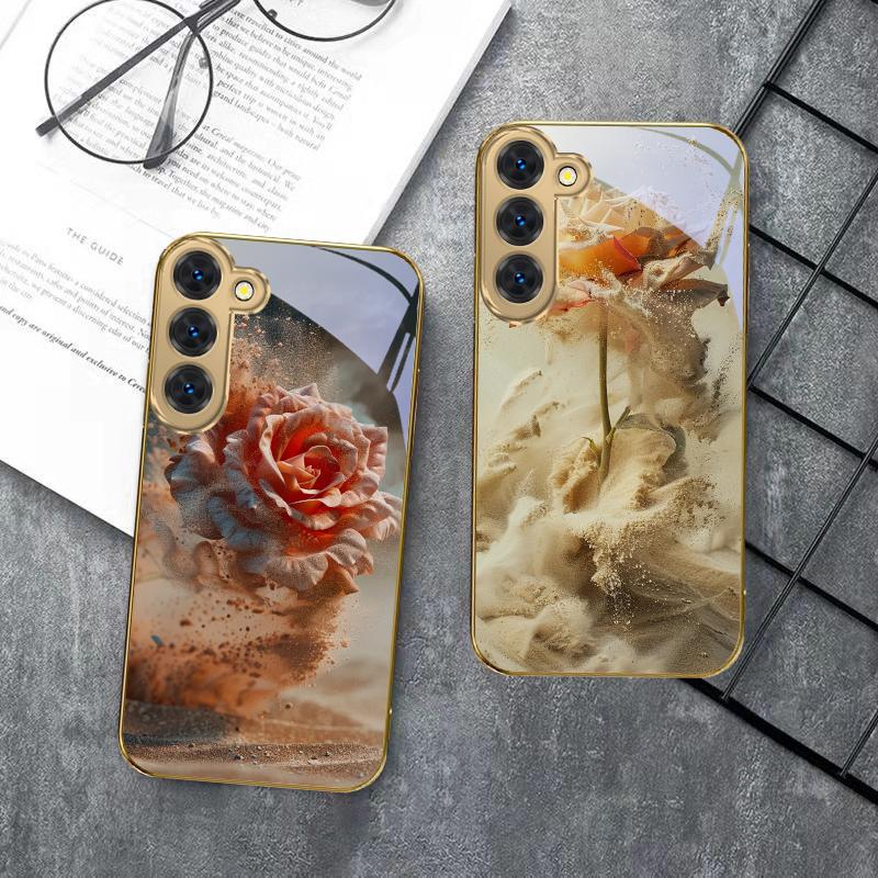 Vintage Wüstenrosa Rose Für Samsung Galaxy S26 S20 FE S21 S22 S23 Plus S24 Ultra S25Ultra S21+ S22Plus Goldenes Glas Handyhülle