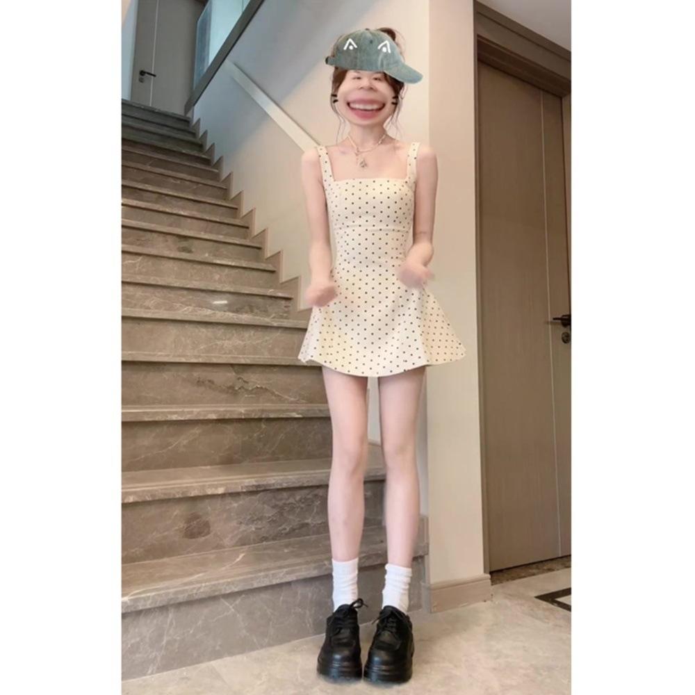 Sleeveless neck dress women's summer small polka dot backless sexy vest sweet a word skirt