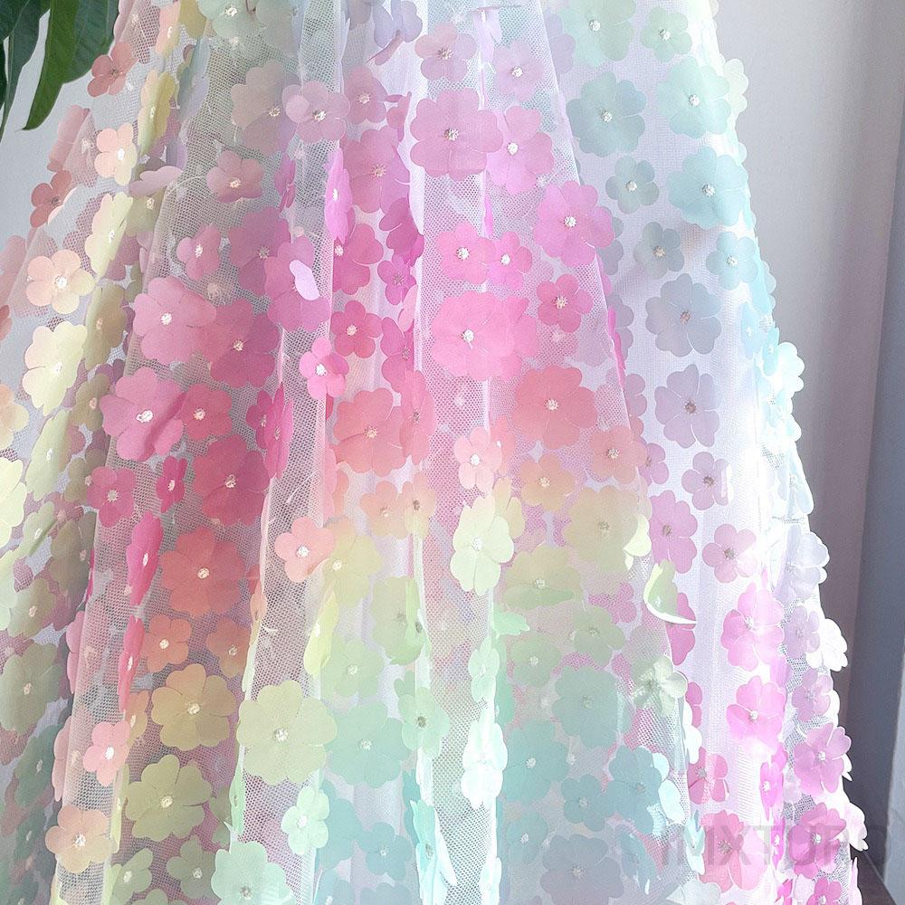1Yard Rainbow Color 3D Bead Applique Gradient Flowers Mesh Lace Fabric For Girls Summer Clothing Princess Dress Sewing Materials