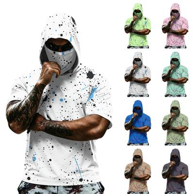 Men's Summer Camouflage Gradient Drying Short-sleeved T-shirt, Sun Clothing, Fishing, Fitness, Sports, Hooded Short-sleeved Shirt