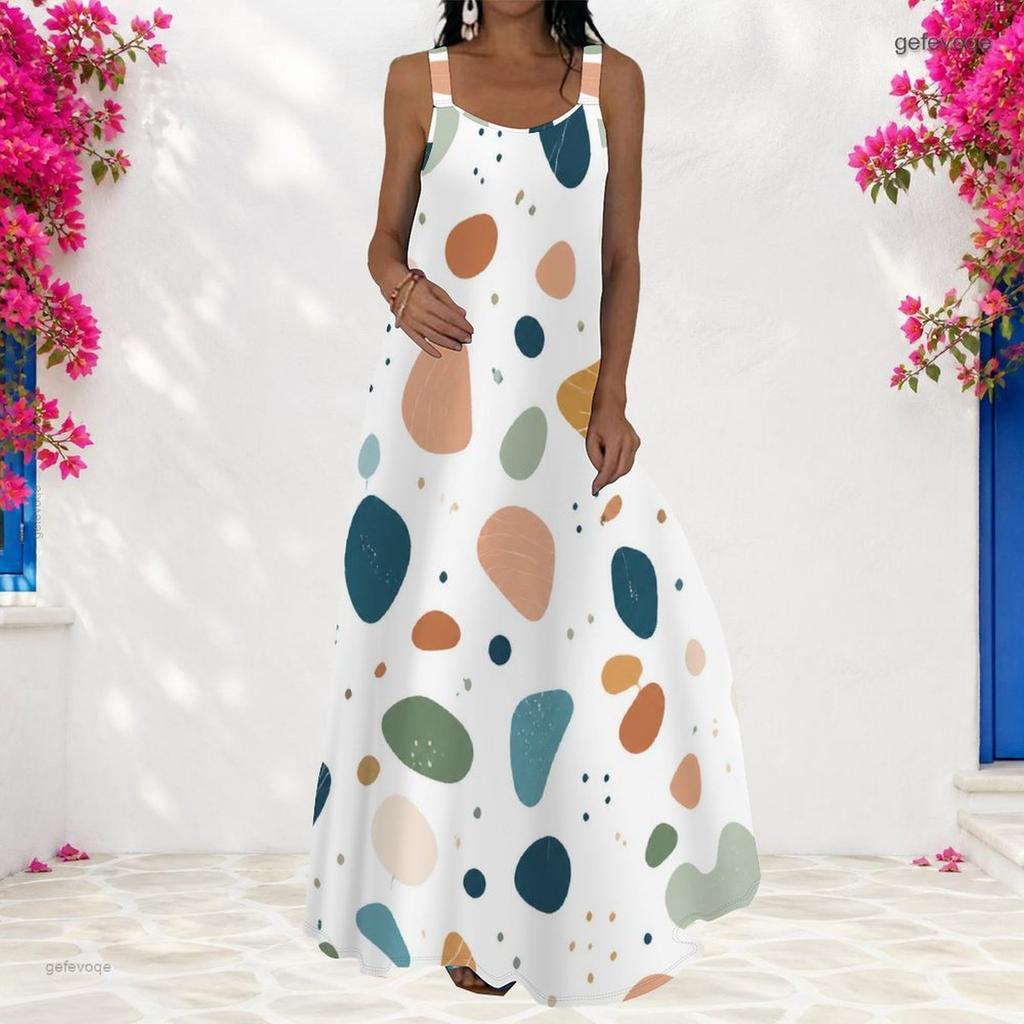 Women Plus Size Scoop Neck Strappy Sleeveless White Printed A Line Long Dress
