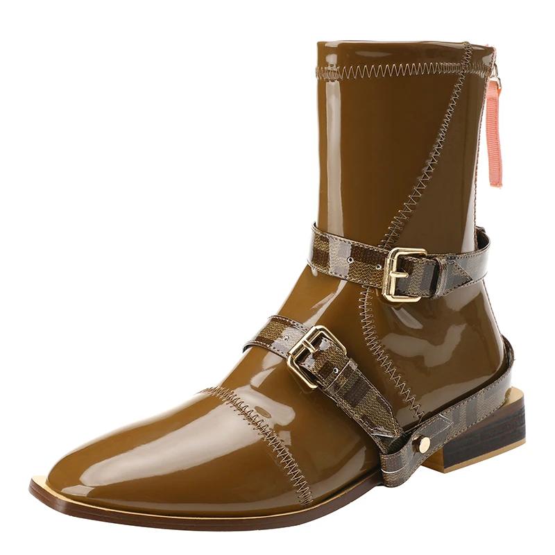 

Patent Leather Belt Buckle Short Boots 2025 Spring New Sewing Round Toe Thick Low Heel Zipper Boots Fashion British Women Boots 34 темно-коричневого
