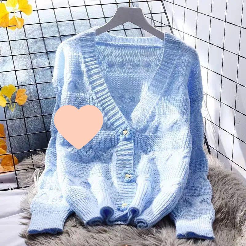 

Женский осенний кардиган крупной вязки в японском стиле - свежий и модный S (80-95 jin) синий