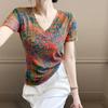 Women Multicolor Abstract Print V Neck Short Sleeve Slim T Shirt