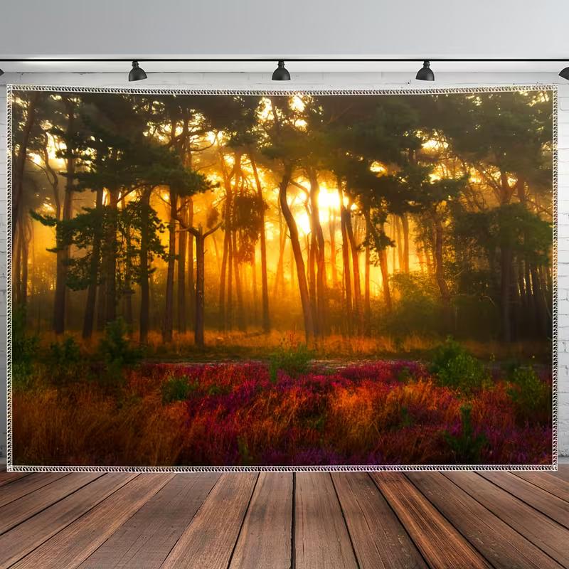 2D Sunrise Forest Tapestry, Golden Sunlight Wall Hanging