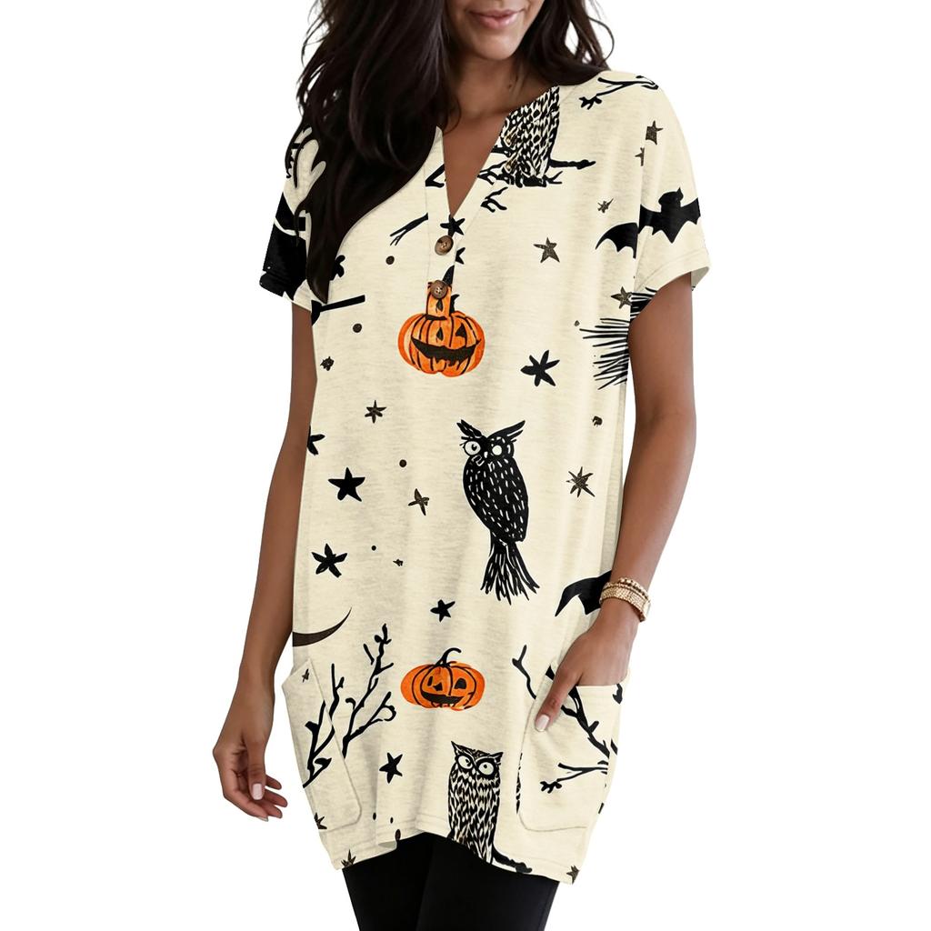 Women's V Neck Halloween Print Short Sleeve Pullover Dress with Pocket Casual Loose Fit Tunic Dress for Daily Wear