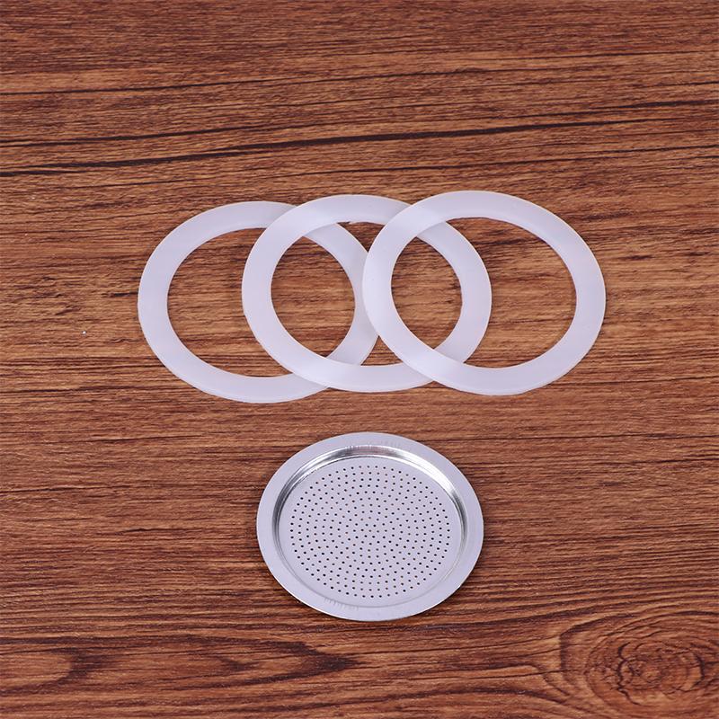 4Pcs/Set 3 Silicone Gaskets + Aluminum Filter Moka Pot Coffee Bottle Replacement Compatible With 1/2/3/6/9/12 Coffee Cup