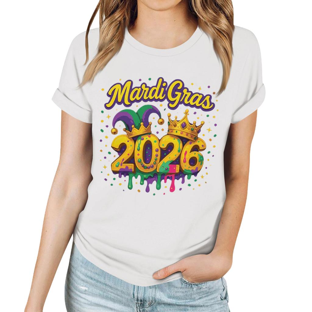 Women's Casual Carnival Print T-Shirt Round Neck Pullover Short Sleeve Top