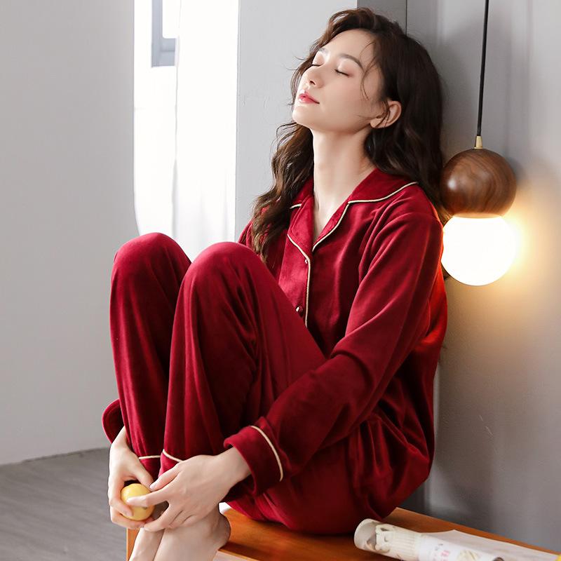 Island Fleece Pajamas Women'S Autumn And Winter Fleece Thickened Simple Cardigan Winter Warm Coral Fleece Plus Size Set
