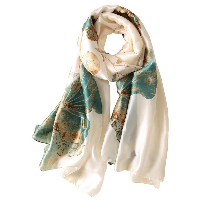 Neue Frühlings- und Sommerdrucke Vielseitiger und multifunktionaler Seidenimitatschal für Damen mit floralem Sonnenschutzschal Mittellanger Stil