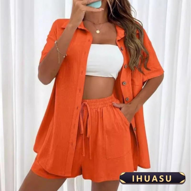 IHUASU Women's Fashion Casual Summer Spring Short Sleeve POLO Neck Pants Suits Elegant