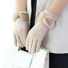 1 Pair Bowknot Decor Thickened Solid Color Women Gloves Autumn Winter Double-sided Fleece Touch Screen Driving Gloves