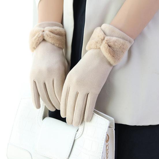 1 Pair Bowknot Decor Thickened Solid Color Women Gloves Autumn Winter Double-sided Fleece Touch Screen Driving Gloves