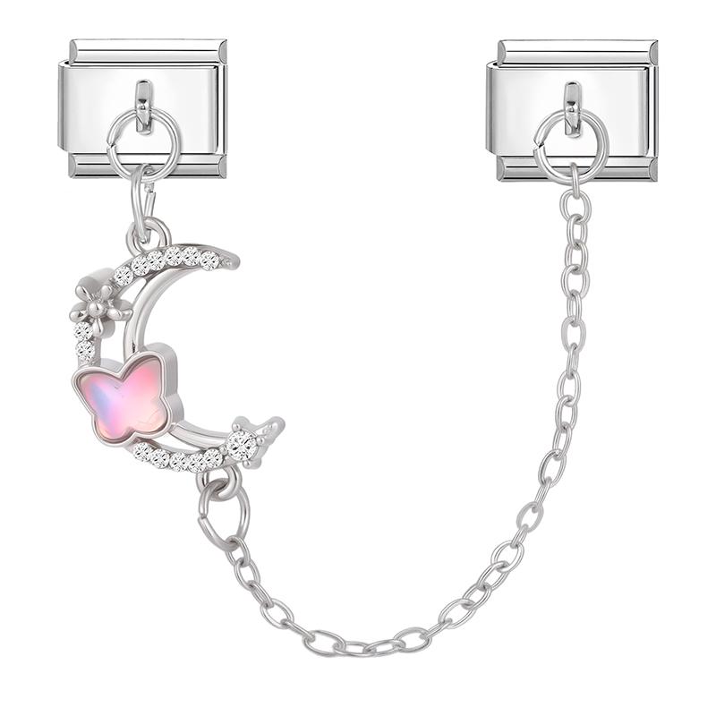 Zircon Bow Knot Moon Butterfly Star Cat Paw Tassel Chain Italian Charm Links Fit 9mm Stainless Steel Bracelet Women DIY Making