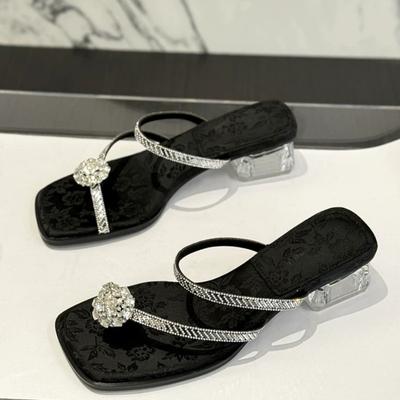 Fashion Low Heel Sandals Summer New Square Head Shallow Mouth Open Toe Crystal Set Foot Anti-slip Wear-resistant Slippers