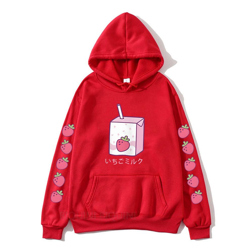 Strawberry Milk Cartoon Printing Hoodies Long Sleeve Hooded Sweatshirts Kawaii Clothing for Girls Moletom Feminino