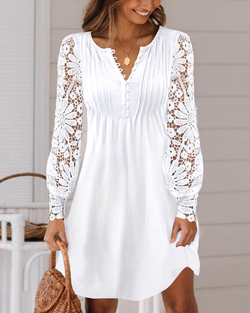 Women's Shirt Dress V Neck Hollow Long Sleeve Midi Dress Loose Solid Color Dress
