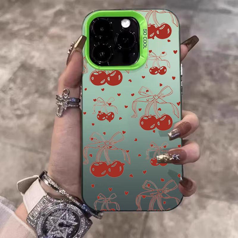 Cute Cherry Pattern Electroplate Silver IMD Phone Case For iPhone 17 16 15 14 13 12 11 Pro Max 17 Air 16E 7 8 Plus X XS XR Cover