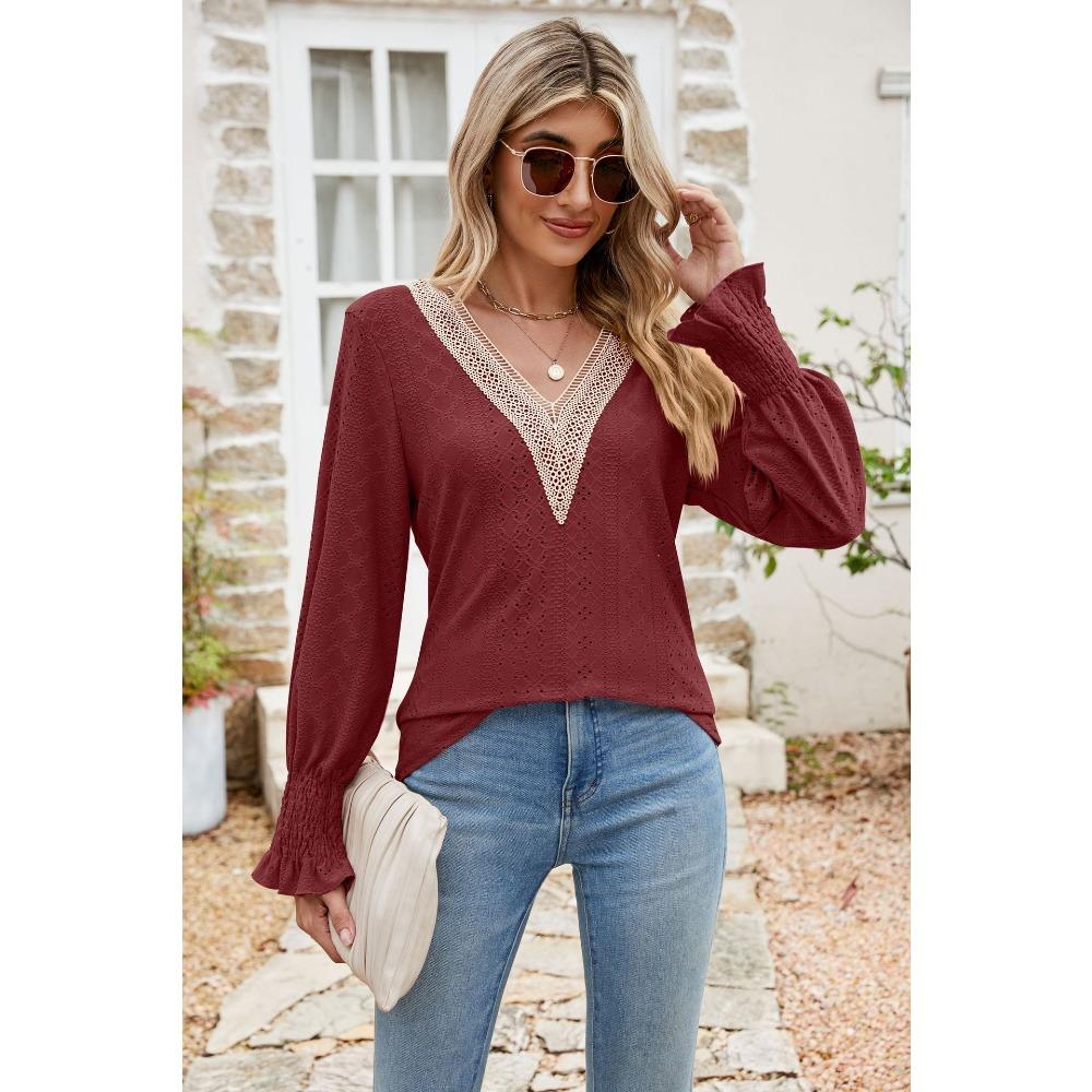 Women's Lace V Neck Long Sleeve Blouse Casual Loose Tunic Top with Flare Cuffs