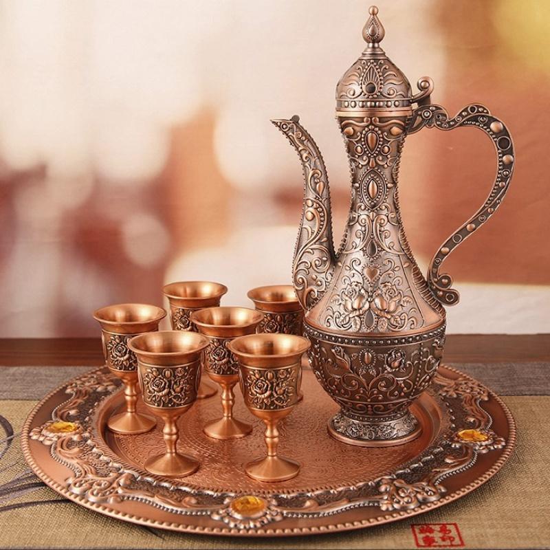 Exquisite Vintage Wine Glass, European Wine Set, Alloy Home Wine Pot Wine Glass Set, Creative Home Living Room Decoration,1Set